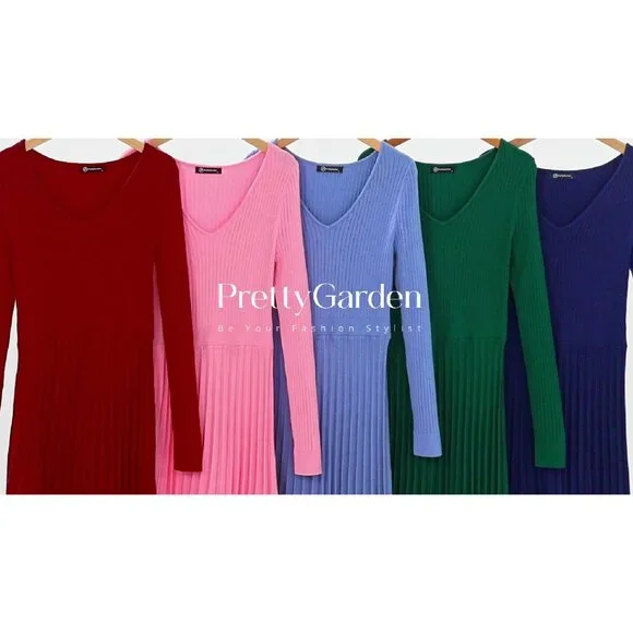 Ribbed Knit Sweater Dress Long Sleeve V Neck A Line Maxi Winter